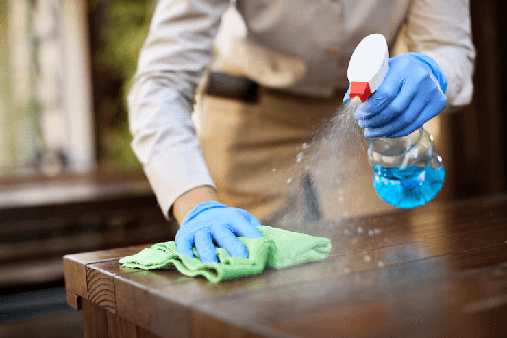 Gloved hand spraying and wiping down an outdoor wooden surface